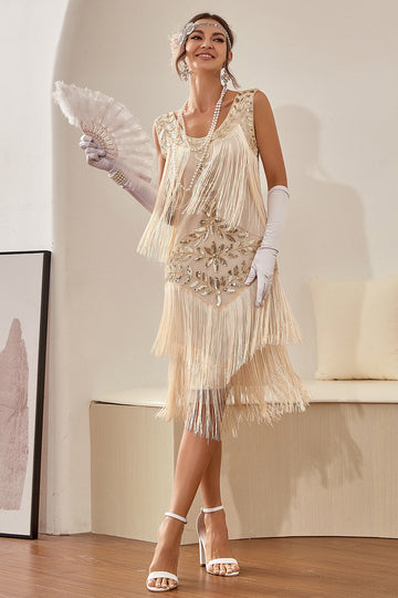 Zapaka Women 1920s Dress Champagne Round Neck Vintage Gatsby Dress with Fringes